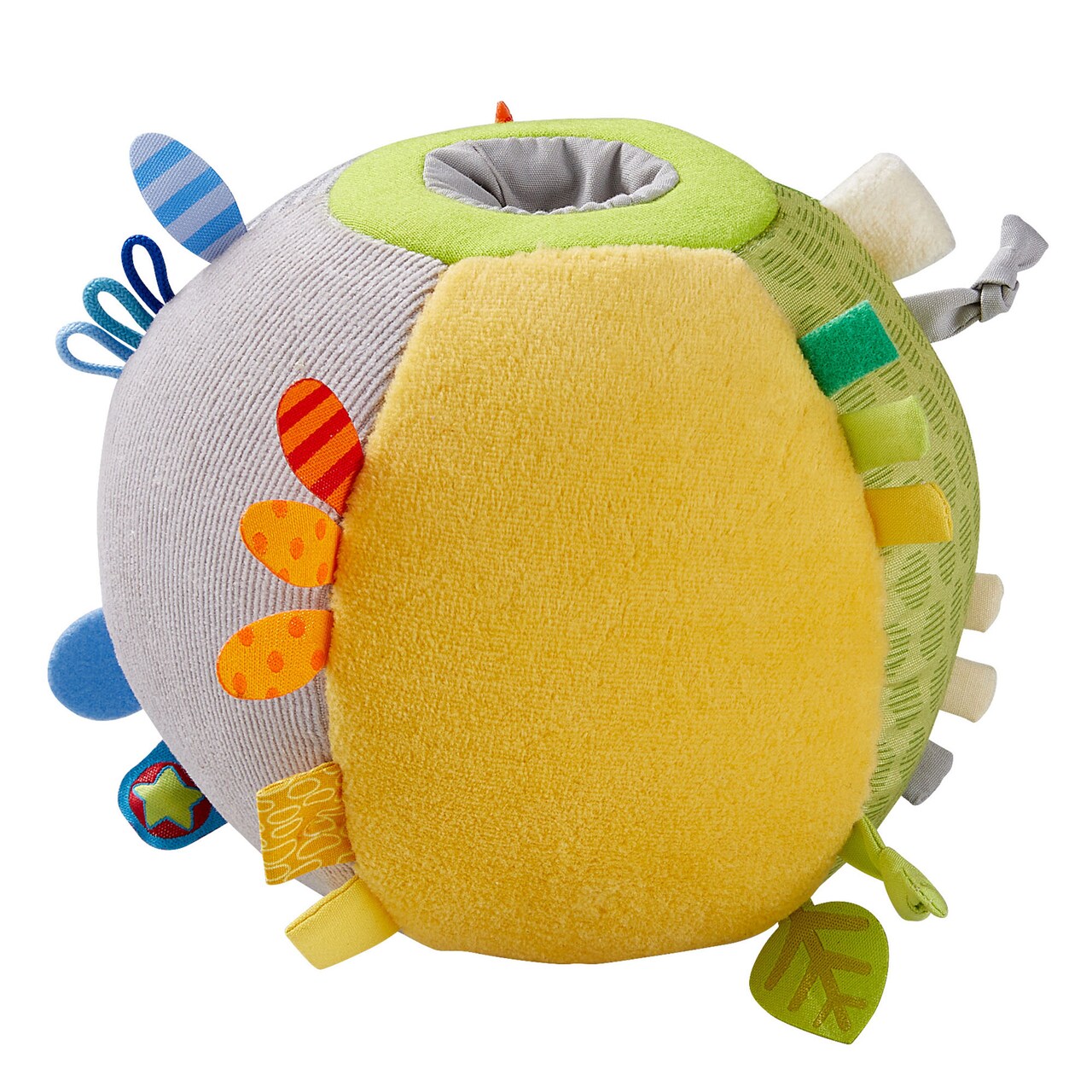 HABA Soft Sensory Ball Discovery Toy - Plush Baby Tag Toy with Rattle, Tags & Textures, Tummy Time Toys & Play Pen Balls, 6.5" Machine Washable for 6 Months & Up